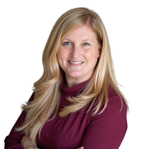 Portrait of a smiling woman with long blonde hair wearing a burgundy top.