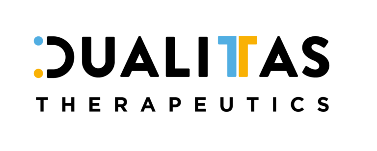 Dualitas Therapeutics logo with blue and yellow accent dots.